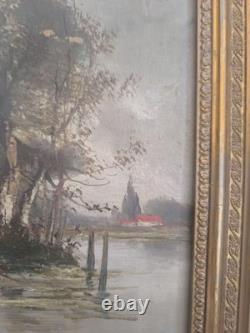 E. DEVIZ Superb Rural Landscape Painting with Cottage and Farm Woman, Oil on Wood No. 2