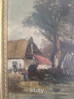 E. DEVIZ Superb Rural Landscape Painting with Cottage and Farm Woman, Oil on Wood No. 2