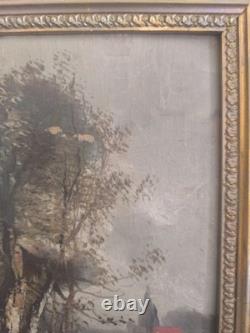 E. DEVIZ Superb Rural Landscape Painting with Cottage and Farm Woman, Oil on Wood No. 2