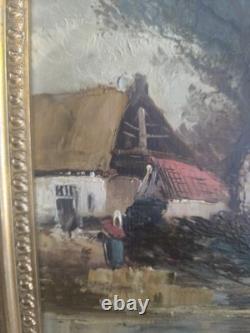 E. DEVIZ Superb Rural Landscape Painting with Cottage and Farm Woman, Oil on Wood No. 2