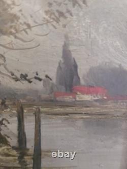 E. DEVIZ Superb Rural Landscape Painting with Cottage and Farm Woman, Oil on Wood No. 2