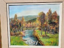 E. VIALA. Riverside Landscape in the Woods Oil Painting on Canvas Signed
