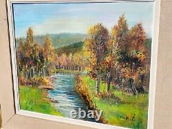 E. VIALA. Riverside Landscape in the Woods Oil Painting on Canvas Signed
