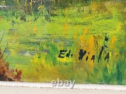 E. VIALA. Riverside Landscape in the Woods Oil Painting on Canvas Signed
