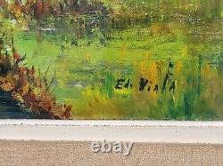 E. VIALA. Riverside Landscape in the Woods Oil Painting on Canvas Signed