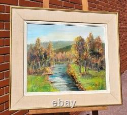 E. VIALA. Riverside Landscape in the Woods Oil Painting on Canvas Signed