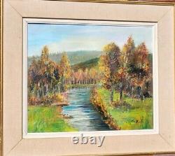E. VIALA. Riverside Landscape in the Woods Oil Painting on Canvas Signed