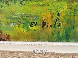 E. VIALA. Riverside Landscape in the Woods Oil Painting on Canvas Signed