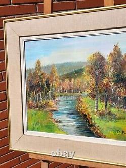 E. VIALA. Riverside Landscape in the Woods Oil Painting on Canvas Signed