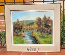 E. VIALA. Riverside Landscape in the Woods Oil Painting on Canvas Signed
