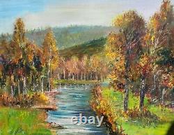 E. VIALA. Riverside Landscape in the Woods Oil Painting on Canvas Signed
