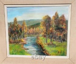 E. VIALA. Riverside Landscape in the Woods Oil Painting on Canvas Signed