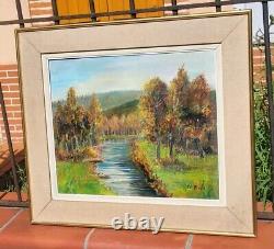 E. VIALA. Riverside Landscape in the Woods Oil Painting on Canvas Signed