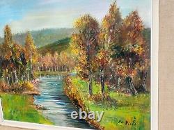E. VIALA. Riverside Landscape in the Woods Oil Painting on Canvas Signed