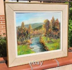 E. VIALA. Riverside Landscape in the Woods Oil Painting on Canvas Signed