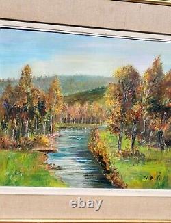 E. VIALA. Riverside Landscape in the Woods Oil Painting on Canvas Signed