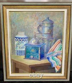 Elegant Oil On Canvas, Still Life At The Coffee MILL Signed Nicolai