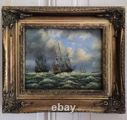 English Marine Oil on Wood Panel Unsigned Boats at Sea