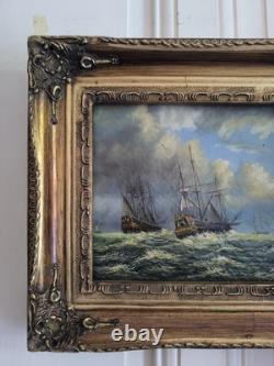English Marine Oil on Wood Panel Unsigned Boats at Sea