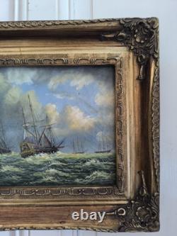 English Marine Oil on Wood Panel Unsigned Boats at Sea