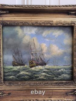 English Marine Oil on Wood Panel Unsigned Boats at Sea