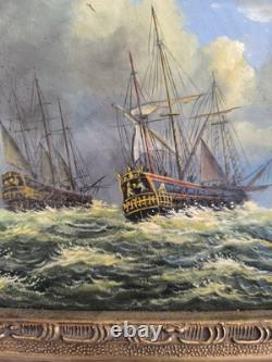 English Marine Oil on Wood Panel Unsigned Boats at Sea