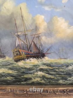 English Marine Oil on Wood Panel Unsigned Boats at Sea