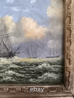 English Marine Oil on Wood Panel Unsigned Boats at Sea