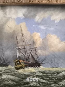 English Marine Oil on Wood Panel Unsigned Boats at Sea