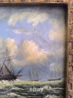 English Marine Oil on Wood Panel Unsigned Boats at Sea