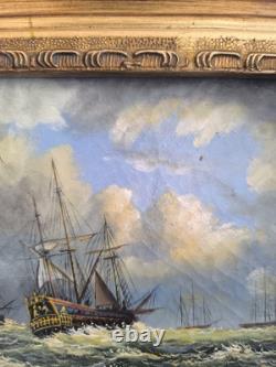 English Marine Oil on Wood Panel Unsigned Boats at Sea