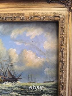 English Marine Oil on Wood Panel Unsigned Boats at Sea