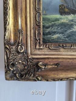 English Marine Oil on Wood Panel Unsigned Boats at Sea