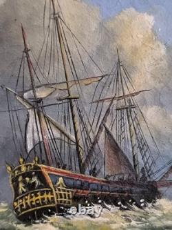 English Marine Oil on Wood Panel Unsigned Boats at Sea