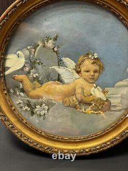 Eros painting in the style of Boucher, oil on wood panel, tondo with putti cherubs.