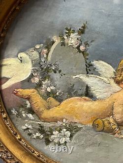 Eros painting in the style of Boucher, oil on wood panel, tondo with putti cherubs.