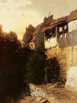 Eugene Deshayes Landscape Oil Painting Normandy Woman Riverside Cottages