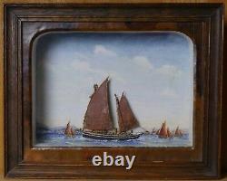 Exceptional Marine Painting With Relief Scottish Fishing Boat 1919 Authentic