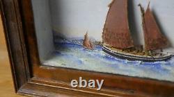 Exceptional Marine Painting With Relief Scottish Fishing Boat 1919 Authentic