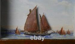 Exceptional Marine Painting With Relief Scottish Fishing Boat 1919 Authentic