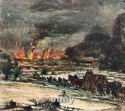 Exodus under the bombs HSP early 20th century. Signed. 16.5 x 22 cm