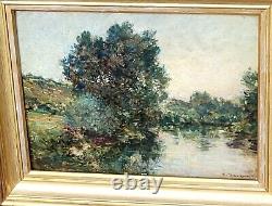 F. JACQUES. Riverbank Landscape Oil Painting on Wood Panel Signed