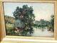 F. Jacques. Riverbank Landscape Oil Painting On Wood Panel Signed