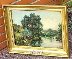 F. JACQUES. Riverbank Landscape Oil Painting on Wood Panel Signed