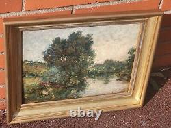 F. JACQUES. Riverbank Landscape Oil Painting on Wood Panel Signed