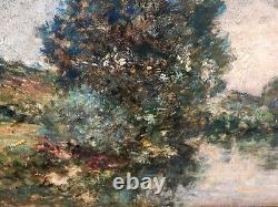 F. JACQUES. Riverbank Landscape Oil Painting on Wood Panel Signed