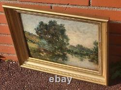 F. JACQUES. Riverbank Landscape Oil Painting on Wood Panel Signed