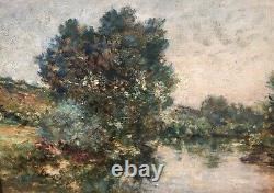 F. JACQUES. Riverbank Landscape Oil Painting on Wood Panel Signed