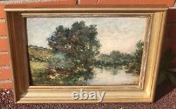 F. JACQUES. Riverbank Landscape Oil Painting on Wood Panel Signed