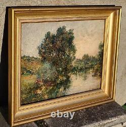 F. JACQUES. Riverbank Landscape Oil Painting on Wood Panel Signed